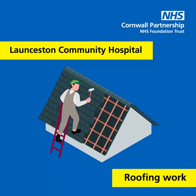 Graphic of person working on a roof. Text reads Launceston Community Hospital roofing works.