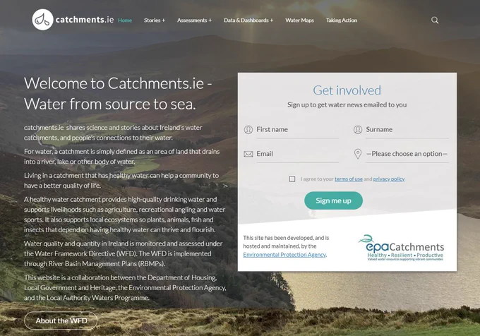 A screenshot of the frontpage of catchments.ie showing the email signup box. 