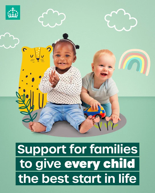 A graphic that reads "Support for families to give every child the best start in life" featuring two smiling toddlers and various illustrations like clouds and a rainbow.