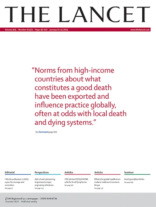 Cover of The Lancet's Jan 11, 2025 issue. Quote on cover reads: "Norms from high-income countries about what constitutes a good death have been exported and influence practice globally, often at odds with local death and dying systems."