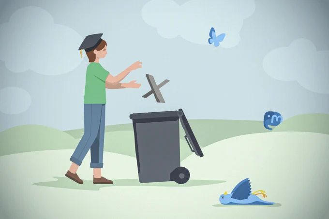 Illustration einer Person, die ein "X" in eine Mülltonne wirft. Auf dem Boden ein toter Vogel, im Hintergrund die Logos der Plattformen Bluesky und Mastodon.