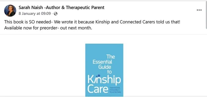 Screengrab from a Facebook post by Sarah Naish announcing her new book The Essential Guide to Kinship Care
