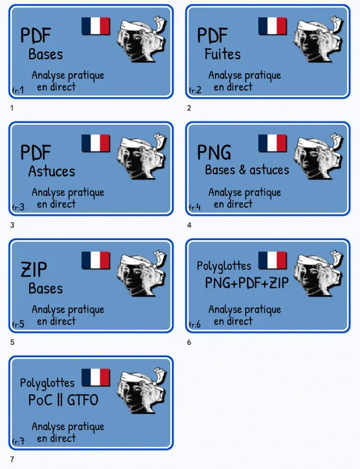 7 miniatures de directs à venir: PDF:Bases, PDF:Fuites, PDF:Astuces, PNG:Bases & astuces, ZIP:Bases, Polyglottes:PNG PDF ZIP, Polyglottes:PoC||GTFO.