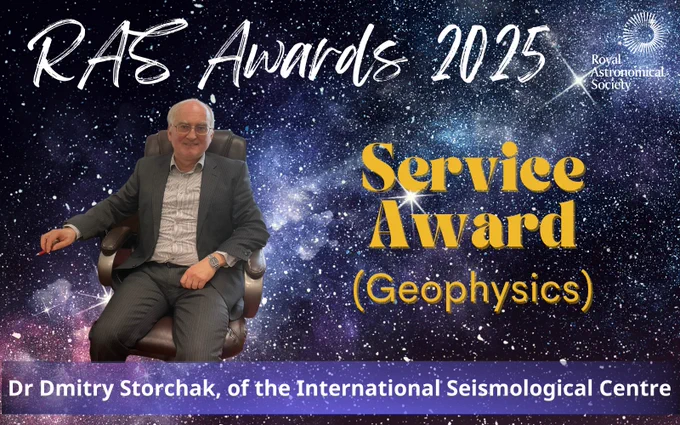 Dr Dmitry Storchak on a starry background with text that reads: 'Service Award (Geophysics)'.