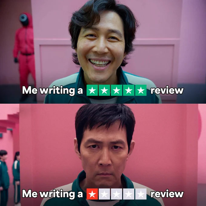 Two images featuring a character from the TV show 'Squid Game'. In the top image, a person is smiling with a 5-star rating captioned 'Me writing a 5-star review'. In the bottom image, the same person looks tired and is frowning with a 1-star rating captioned 'Me writing a 1-star review'. Both are set against a pink background.