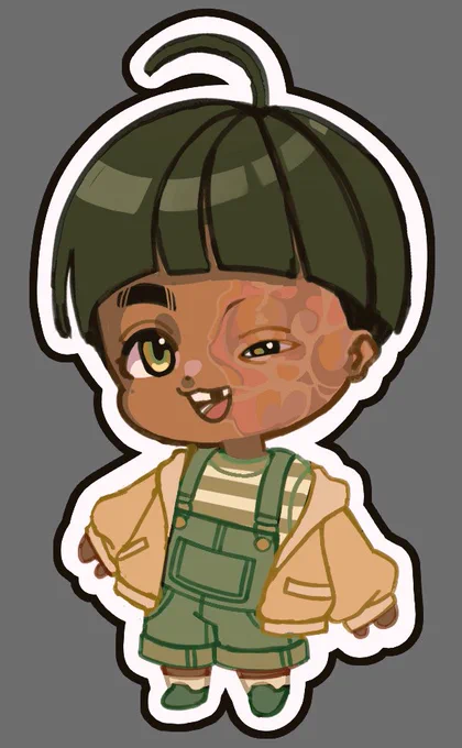 The image contains a Chibi of Sproutwiki’s character “Najib”. He is a 9 year old brown boy. He has a bowlcut of dark brown hair, green overalls over a white and green striped shirt. He is wearing a bright yellow jacket. 

He is smiling with a gap in his teeth. He has a burn scar over his right side of his face. His right eye is smaller due to his burn scar. He has hazel colored eyes.