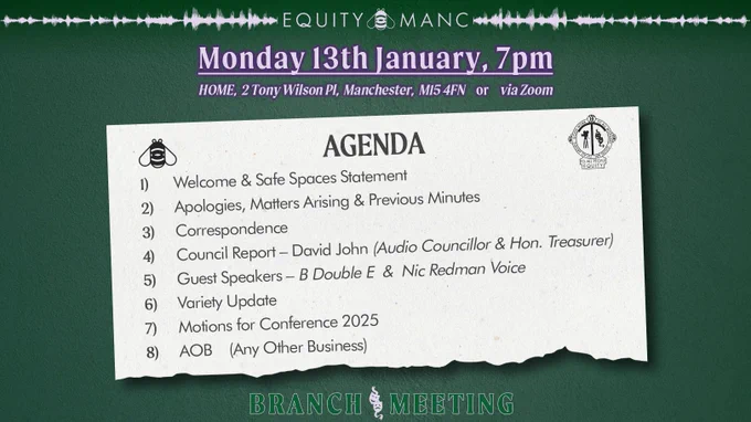 A screenshot of the agenda for our branch meeting on Monday 13th January at 7pm