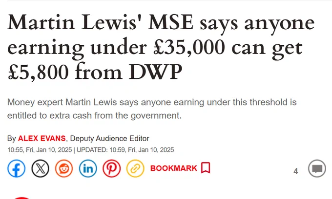 Express pic headlines "Martin Lewis' MSE says anyone earning under £35,000 can get £5,800 from DWP"
