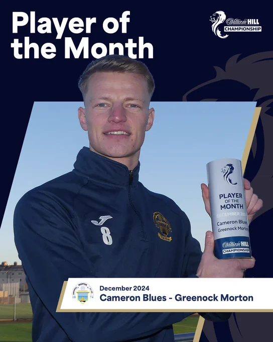 Cameron Blues of Greenock Morton with his William Hill Championship Player of the Month award for December 2024