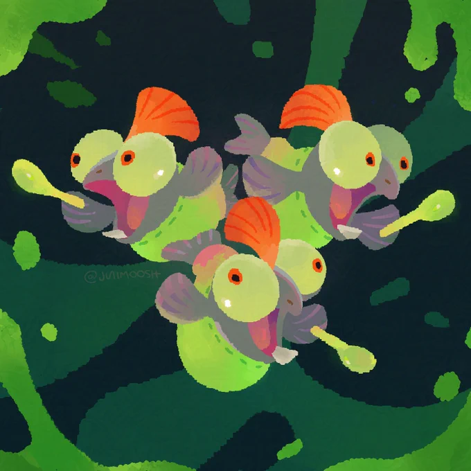Three energetic Smallfry from the “Splatoon” series, surrounded by splotchy green ink to fill the negative space. Insatiable hunger fills their tiny little souls, all with spoons at the ready.