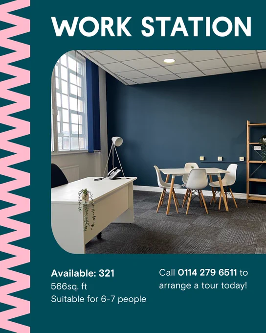 Promotional poster for 'WORK STATION' featuring a modern office space with a desk, chairs, and decorative plants. Includes text detailing the availability, size, cost, and contact information to arrange a tour.
