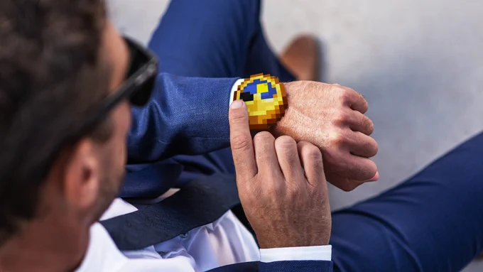A person wearing a Minecraft clock as a watch