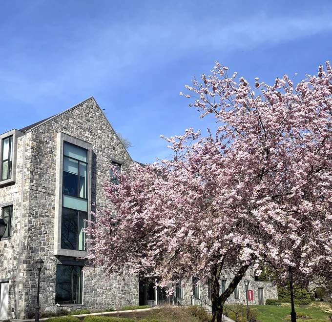 Academic building Oechsle Center for Global Education at Lafayette College with blooming trees in front.