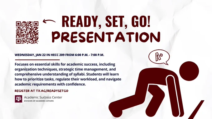 Graphic for the ASC's "Ready, Set, Go!" presentation. Students will learn necessary academic skills to jumpstart their semester.
