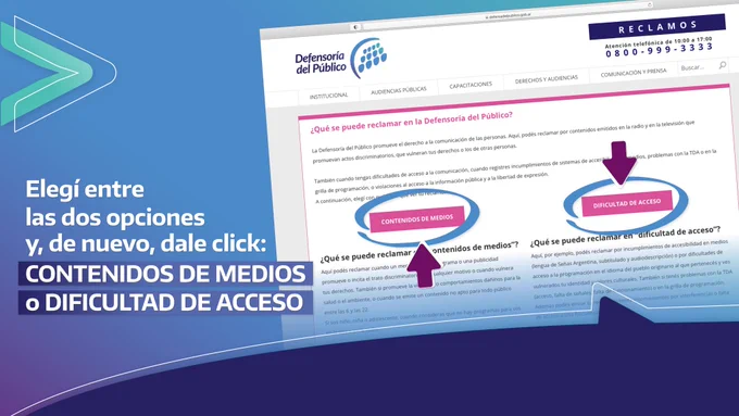 imagen de la página web de la Defensoría del Público donde se ven las opciones de reclamos y texto que dice elegí entre las dos opciones y, de nuevo, dale click: contenido de medios o dificultad de acceso