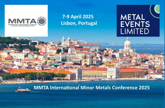 Sea front view of Lisbon, Portugal with logos by the Minor Metals Trade Association and Metal Evens and text that says ' 7-9 April 2025, Lisbon, Portugal, MMTA International Minor Metals Conference 2025' Photo by Interpix at Shuttlestock