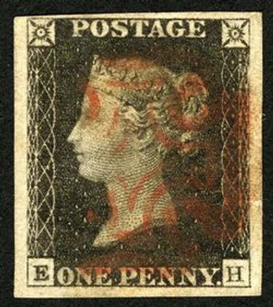 A Penny stamp with the young Queen Victoria's profile against a black background, and "One Penny" printed at the bottom.
