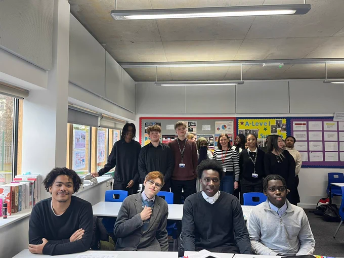 Vicky with the students of Hatcham College in their classroom.