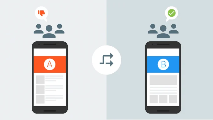 A split-screen with a smartphone on each slide. On the left side, the phone has an "A" on the screen and a thumbs-down icon above three silhouettes. On the right, the phone has a "B' on the screen and a checkmark above three silhouettes. 