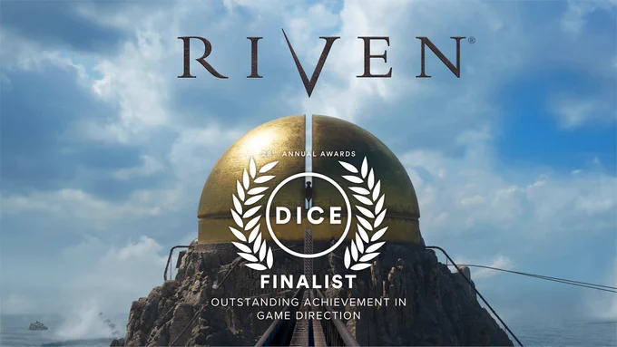 A screenshot from the new game RIVEN: a gold dome sits on a rock outcropping over a hazy ocean with a cloud-dappled sky. Above the dome says RIVEN, and in front of the dome a laurel graphic says "28th Annual Awards: DICE Finalist. Outstanding Achievement in Game Direction".