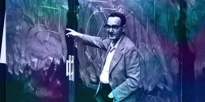 Herb Simon teaching class, pointing at a chalkboard with various equations, in a stylized blue and green tinted photograph.