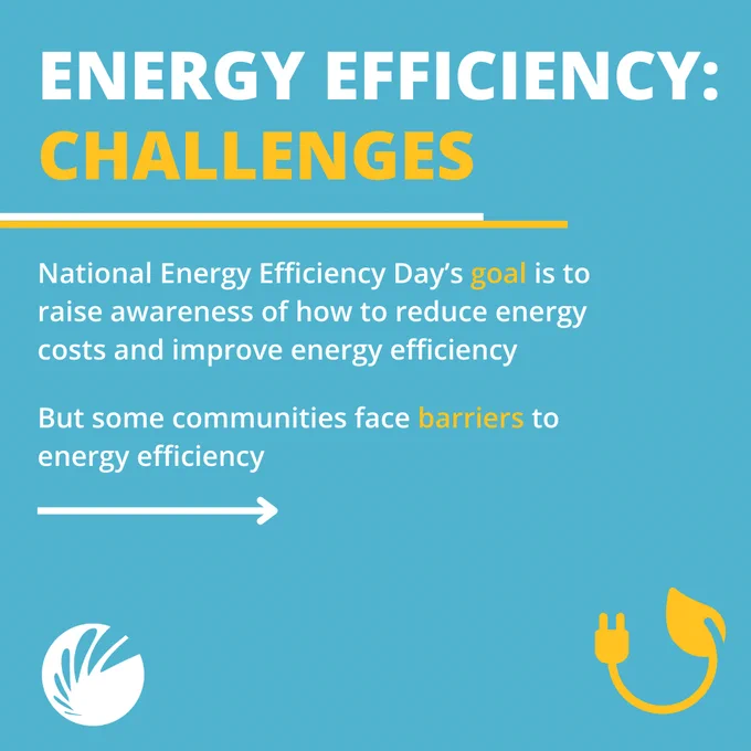 Infographic titled 'Energy Efficiency: Challenges' highlighting how some communities face  barriers to energy efficiency. Features symbols of a leaf and an electric plug.
