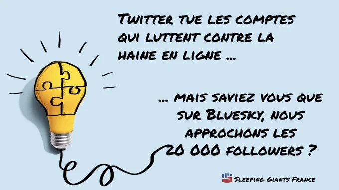 Twitter tue les comptes qui luttent contre la haine en ligne.... ....mais saviez vous que sur Bluesky, nous approchons les 
20 000 followers ?