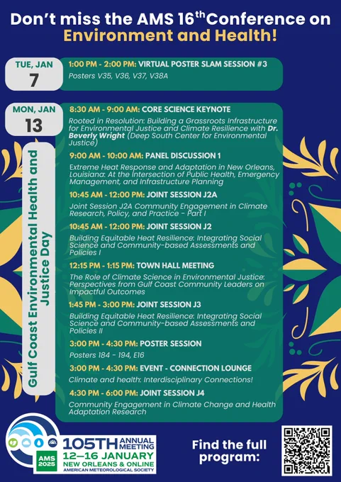 A graphic titled, "Don't miss the AMS 16th Conference on Environment and Health!" with a list of sessions taking place on Monday, January 13th, 2025. 