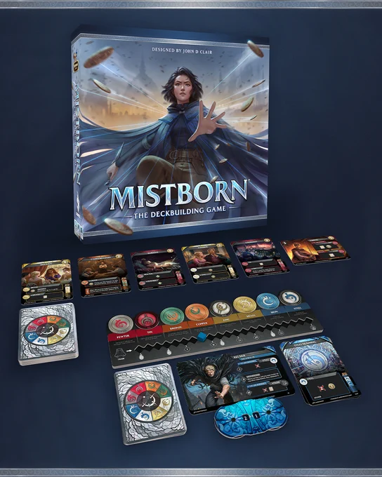Mistborn: The Deckbuilding Game box, card market, and Kelsier player character with training track, health dial, and starting cards on a gradient blue background