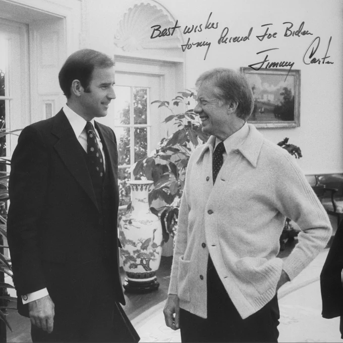 A photo of President Jimmy Carter and then-Senator Joe Biden in the Oval Office, signed by President Carter, reading, "Best wishes to my friend Joe Biden."
