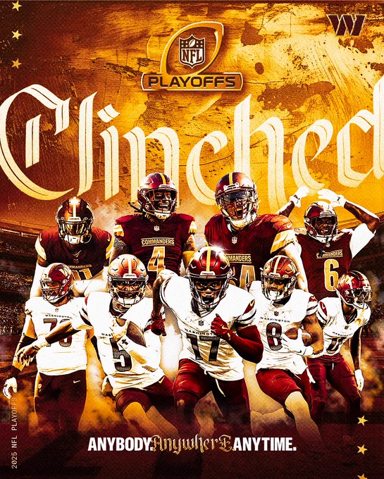 Playoff clinched graphic. The background of the graphic is Northwest Stadium. It features cutouts of Jeremy Chinn, Frankie Luvu, Bobby Wagner, Dante Fowler Jr., Sam Cosmi, Jayden Daniels, Terry McLaurin, Brian Robinson Jr. and Mikey Sainristil. The top has the NFL Playoffs logo and says “CLINCHED” in large text. The bottom of the graphic says “Anybody. Anywhere. Anytime.”