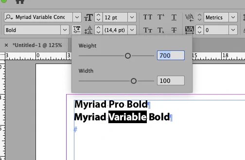 Selection of Myriad Variable Concept, Bold. Variable font axes showing weight 700, width 100