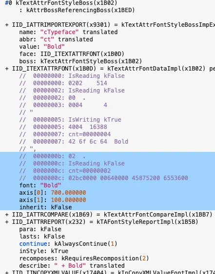 The text attribute storing "Bold" for the variable font. Persistent data in ITextAttrFont is the string, followed by a byte 2 and two floats.