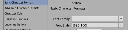 The character style shows the axes in the Font Style dropdown: "[696 100]"