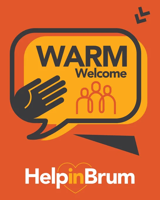 Warm Welcome. Help in Brum. Orange graphic poster with a hand in a speech bubble. 