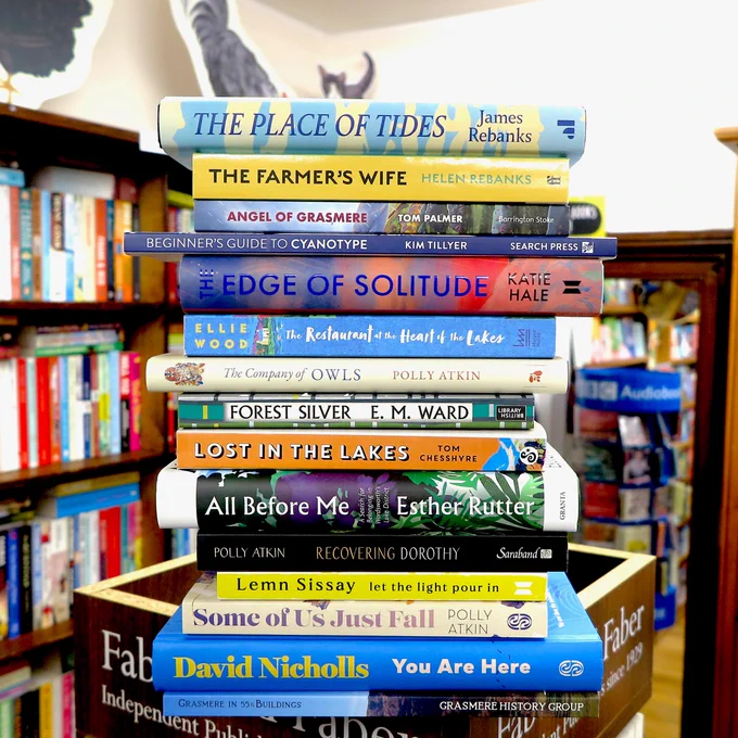 Stack of books inside the shop with bookshelves behind. The stack of books are: 1. James Rebanks, The Place of Tides (Allen Lane) 2. Helen Rebanks, The Farmer’s Wife (Faber) 3. Tom Palmer, Angel of Grasmere (Barrington Stoke) 4. Kim Tillyer, Beginner’s Guide to Cyanotype (Search Press) 5. Katie Hale, The Edge of Solitude (Canongate) 6. Ellie Wood, The Restaurant at the Heart of the Lakes (HarperNorth) 7. Polly Atkin, The Company of Owls (Elliott and Thompson) 8. E.M. Ward, Forest Silver (British Library) 9. Tom Chesshyre, Lost in the Lakes (Summersdale) 10. Esther Rutter, All Before Me (Granta) 11. Polly Atkin, Recovering Dorothy (Saraband) 12. Lemn Sissay, Let the Light Pour In (Canongate) 13. Polly Atkin, Some of Us Just Fall (Sceptre) 14. David Nicholls, You Are Here (Sceptre) 15. Grasmere History Group, Grasmere in 55½ Buildings (GHG)