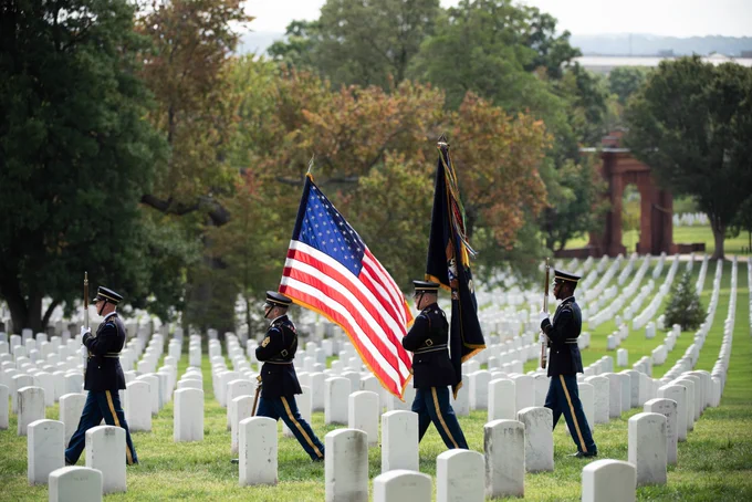 Funeral service at Arlington National Cemetery.