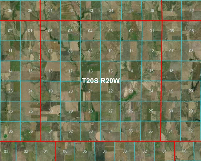 An aerial image with an overlay of the gridded Public Land Survey System. (Photo Credit: Esri and the Bureau of Land Management)