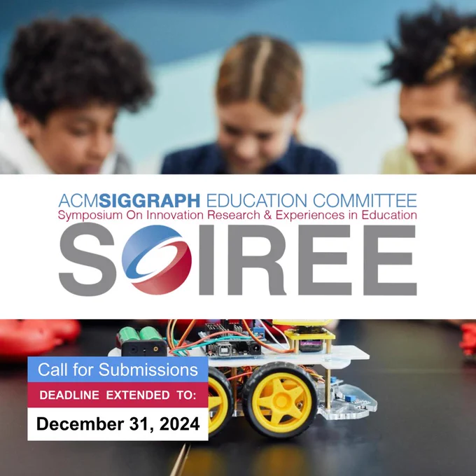 Photograph of three young people and a wheeled robot, text with SOIREE logo and deadline information.