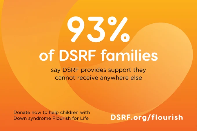 text on orange background with DSRF swoosh: 93% of DSRF families say DSRF provides support they cannot receive anywhere else; Donate now to help children with Down syndrome Flourish for Life: DSRF.org/flourish