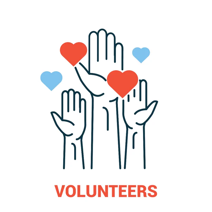 Illustrated line drawing of three hands in the air with red and blue coloured hearts around them.  Text in red below them reads Volunteers