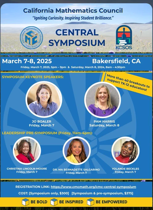 The symposium flyer. The flyer shows that the keynote speakers are Jo Boaler and Pam Harris. The leadership pre-symposium speakers are Christina Lincoln-Moore, Ma Bernadette Salgarino, and Yolande Beckles.