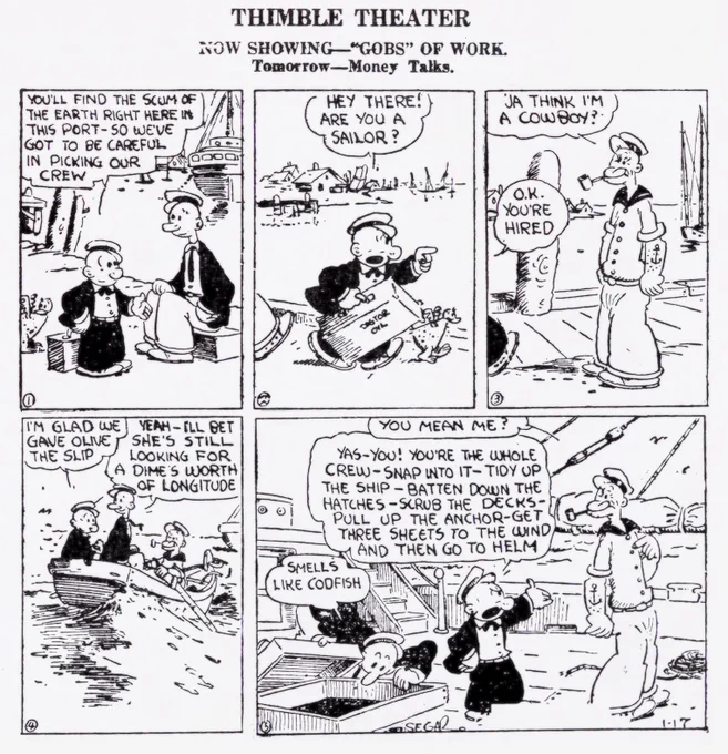 Popeye the Sailor debuted on the January 17th, 1929, entry of Segar's Thimble Theater comic strip. That year's strips entered the public domain in the US on January 1, 2025.