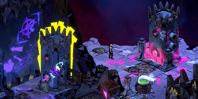 Reignbreaker screenshot showing pink and purple paints pointing to two locked devices