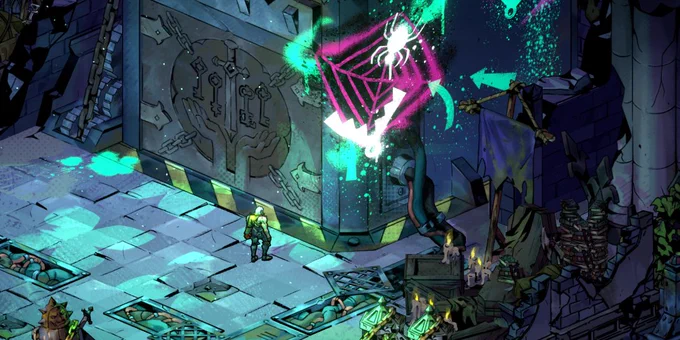 Reignbreaker screenshot showing a large vault with a spiderweb insignia emblazoned on it with teal arrows