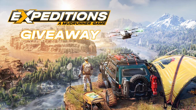 The main artwork for the game Expeditions. A scenic landscape with a rugged mountain range in the background. A man stands on a cliff overlooking a valley with a river and lush vegetation. A rugged off-road vehicle is parked nearby, along with camping equipment and a drone flying overhead. "Giveaway" is written at the top left of the image.