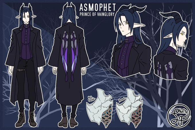 Reference sheet for Asmophet. Art by @HephiCreations