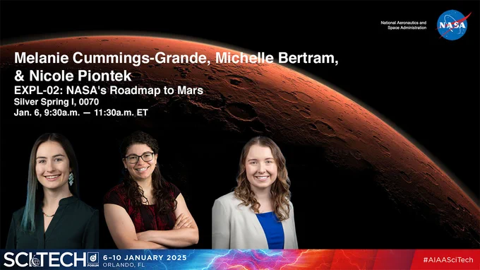 Three smiling women are in front of an image of the red planet Mars floating in ink-black space.
