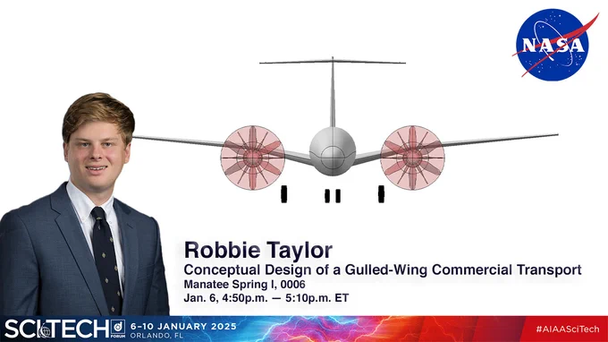A smiling man in a suit is flanked by a conceptual computer design of an aircraft with two propellers and slightly curved wings.