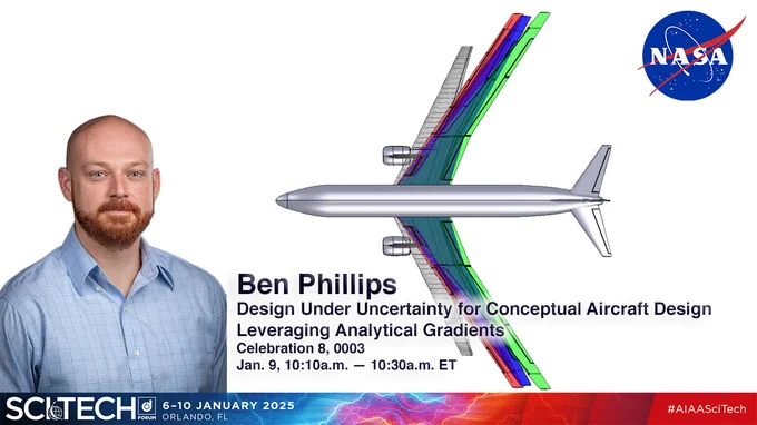 A man in a blue oxford shirt stands in front of a top-down view of a multi-colored conceptual design of a twin-engine jet.
